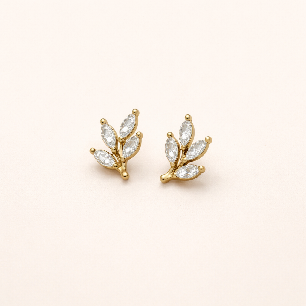 Crystal Leaf Gold Stud Earrings