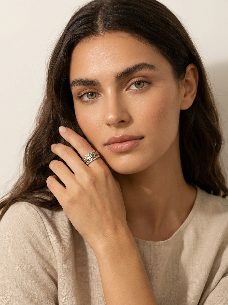 Hammered Two-Tone Gemstone Ring - Elowen