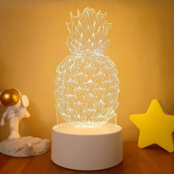 3D pineapple LED night light glowing on a desk