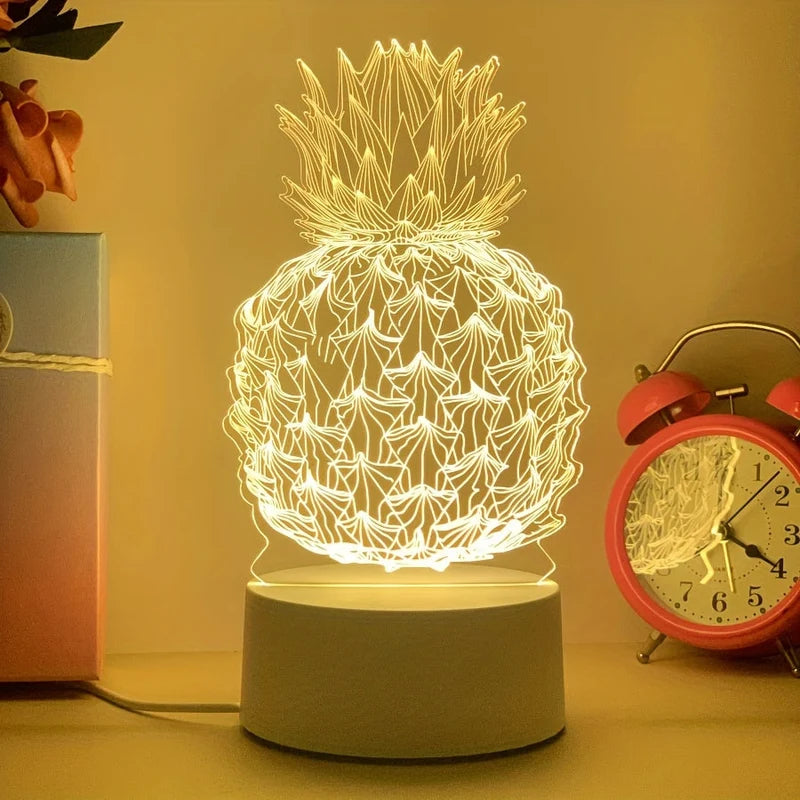 3D pineapple LED night light on a bedside table