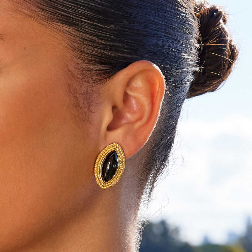 Black Stone Gold Stud Earrings