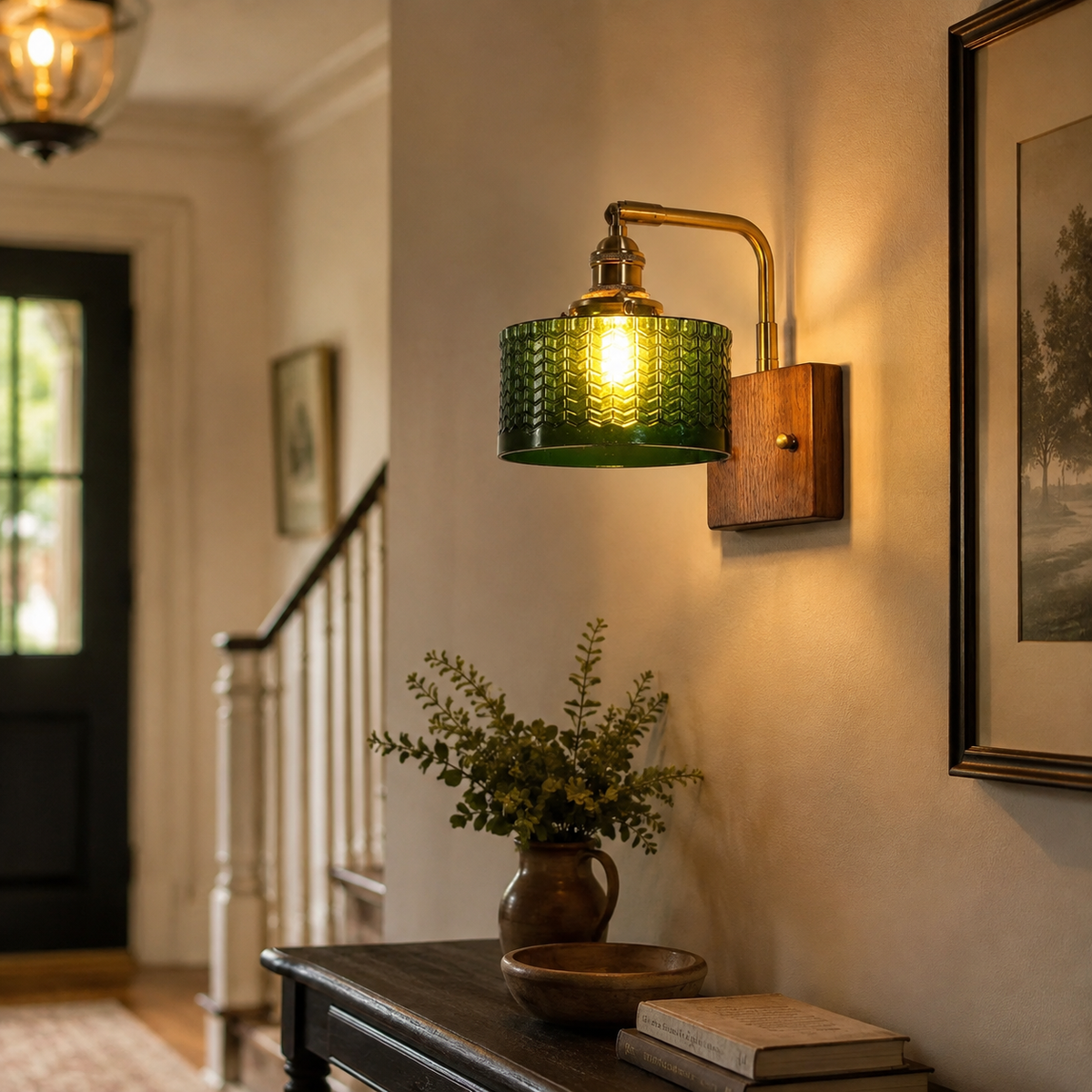 Green Glass Wall Lamp with Wooden Base