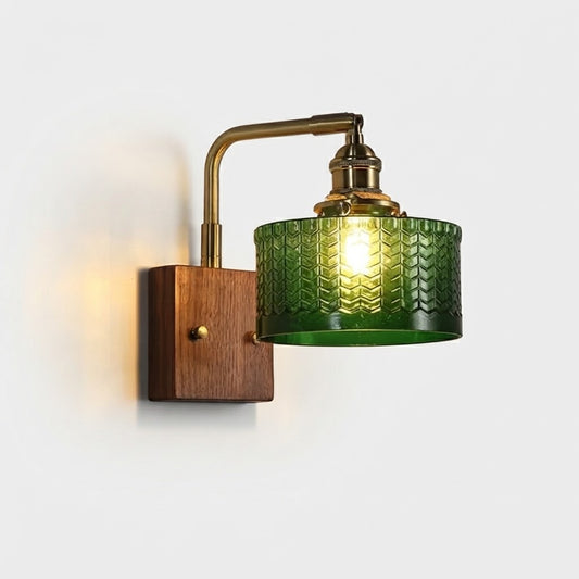 Green Glass Wall Lamp with Wooden Base