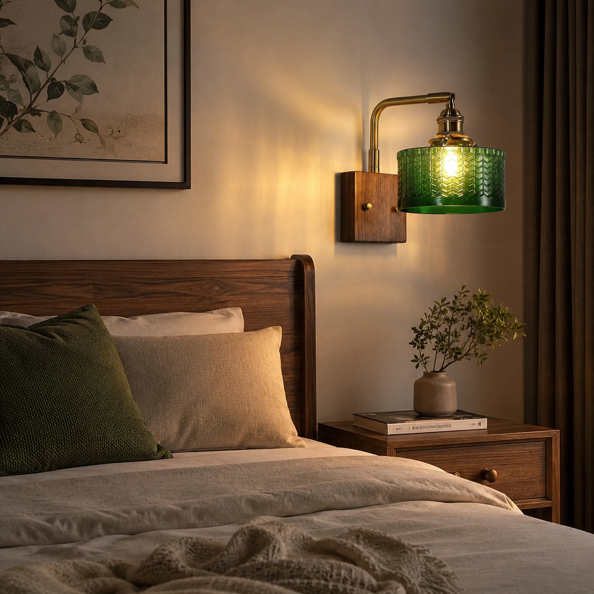 Green Glass Wall Lamp with Wooden Base