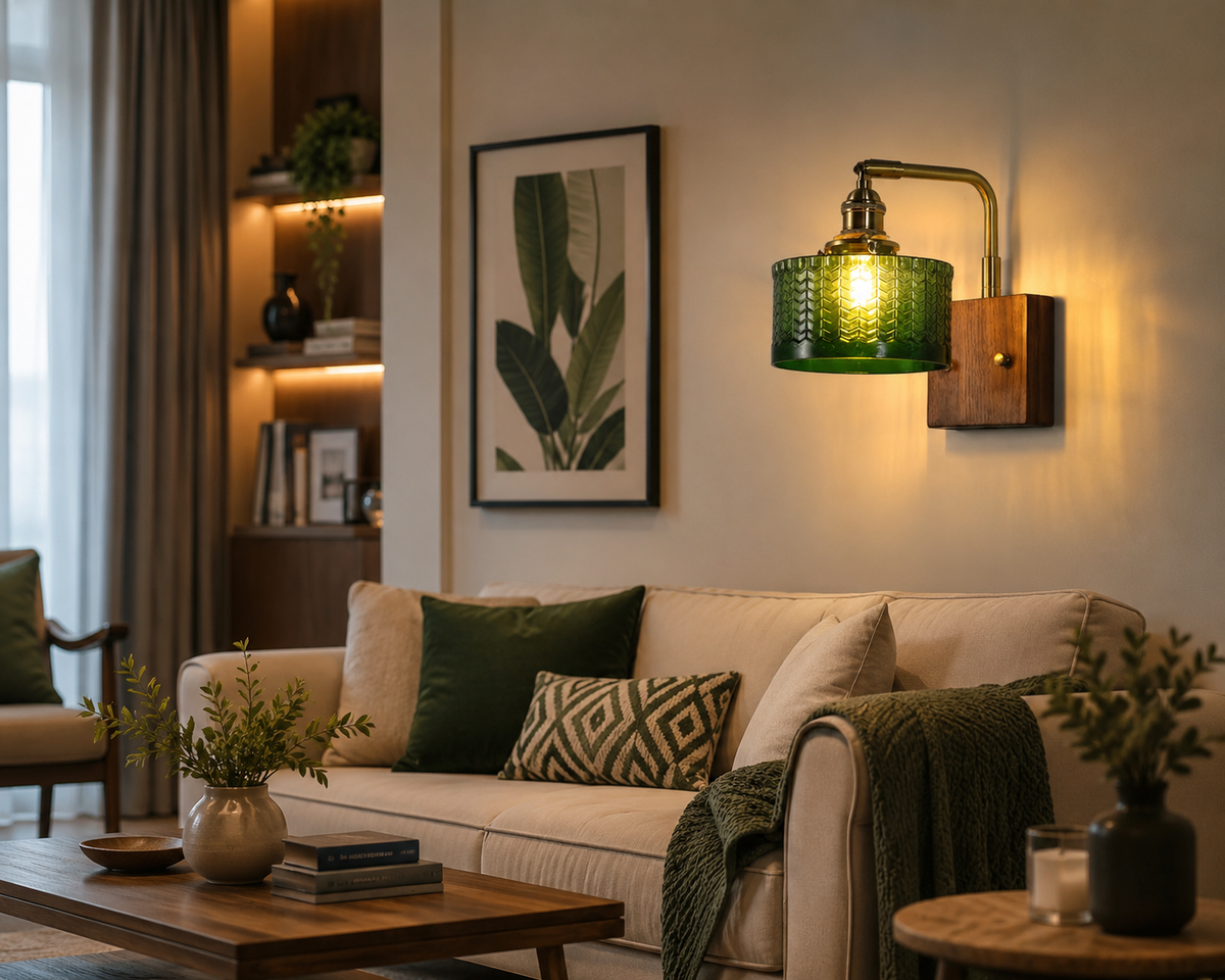 Green Glass Wall Lamp with Wooden Base