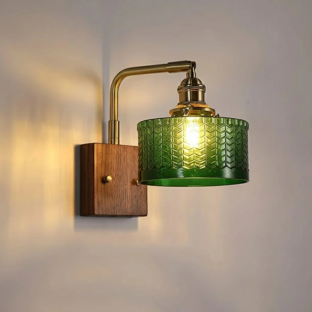 Green Glass Wall Lamp with Wooden Base