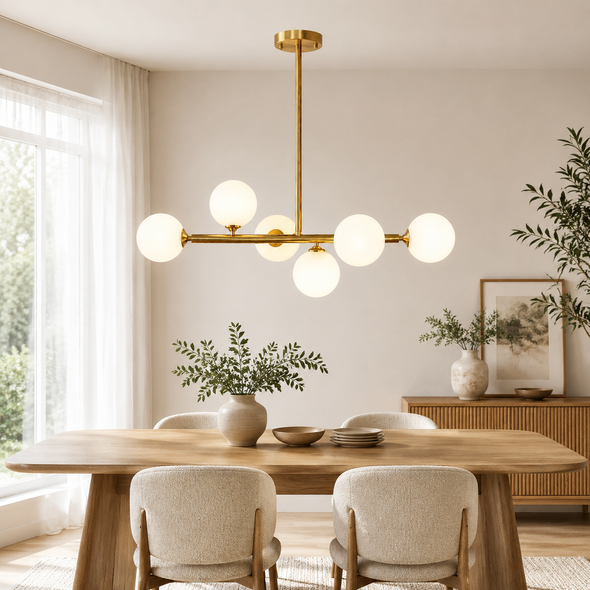 Mid Century Modern Opal White Glass Globe Kitchen Chandelier
