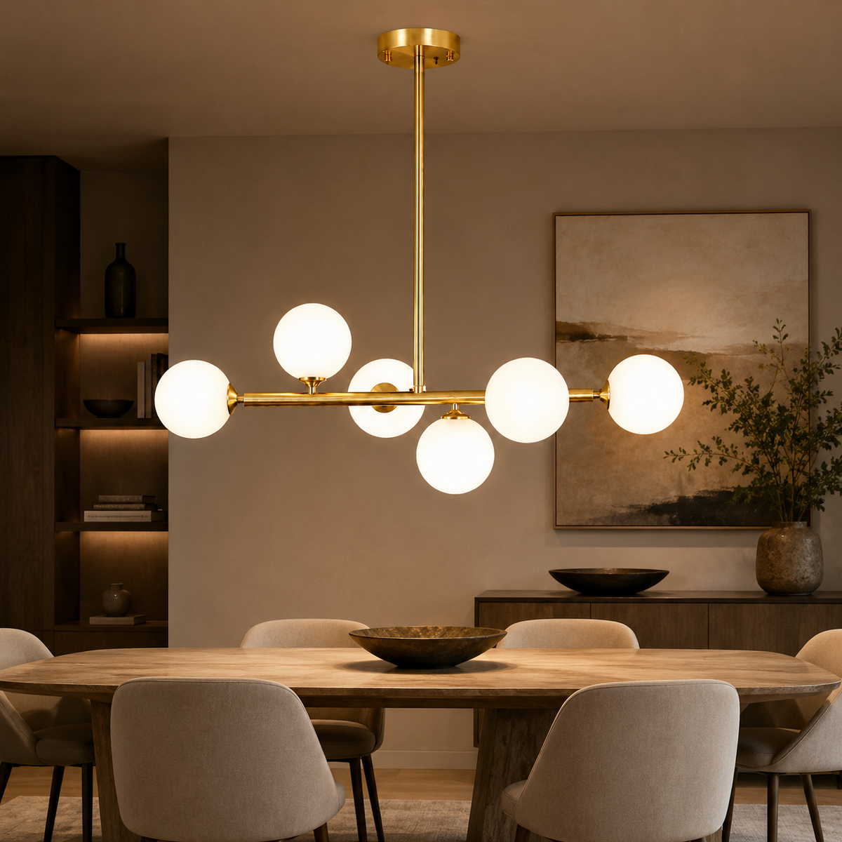 Mid Century Modern Opal White Glass Globe Kitchen Chandelier