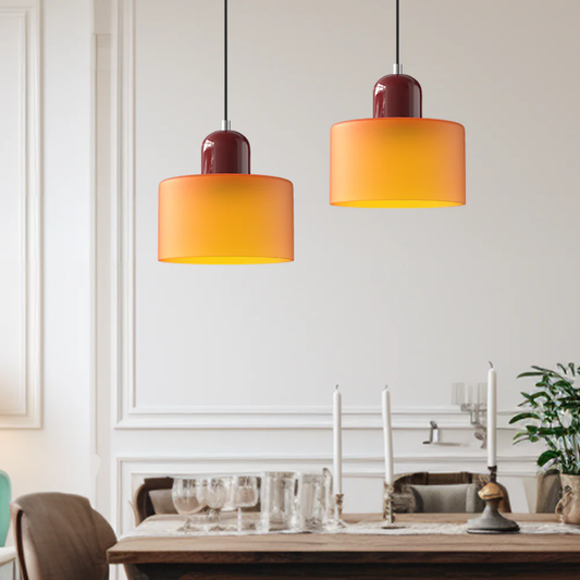 Retro Pendant Light with Orange Glass Shade & Green Top