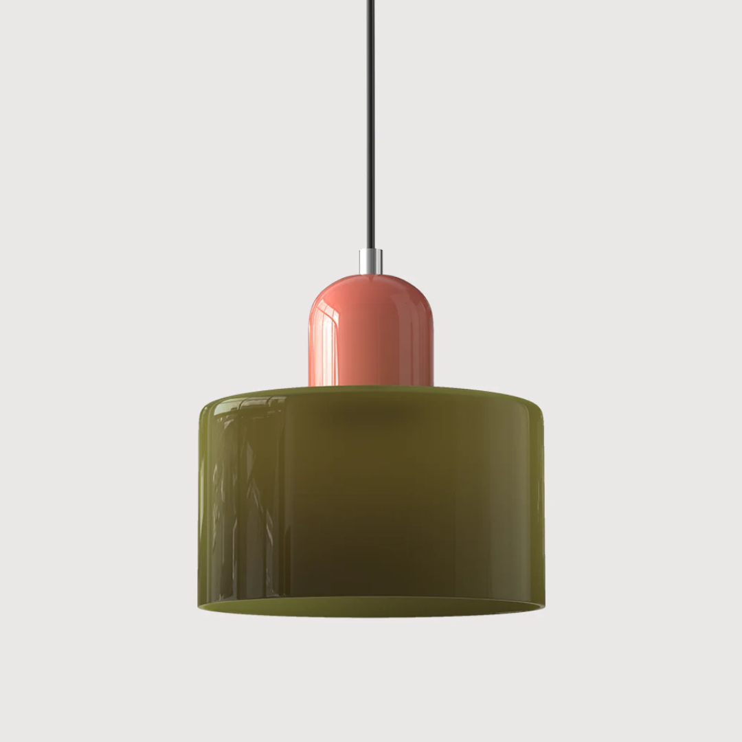 Retro Pendant Light with Orange Glass Shade & Green Top