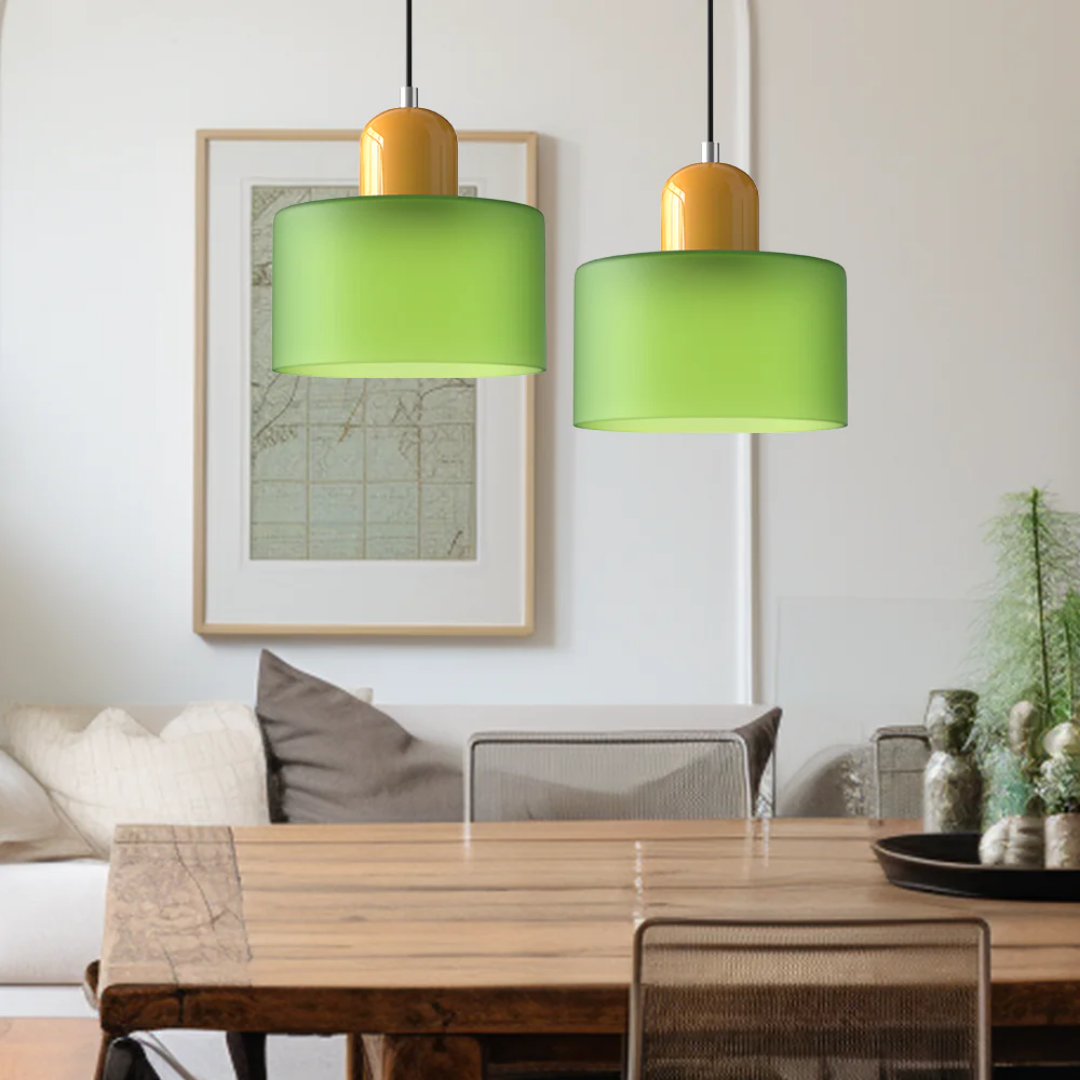 Retro Pendant Light with Orange Glass Shade & Green Top