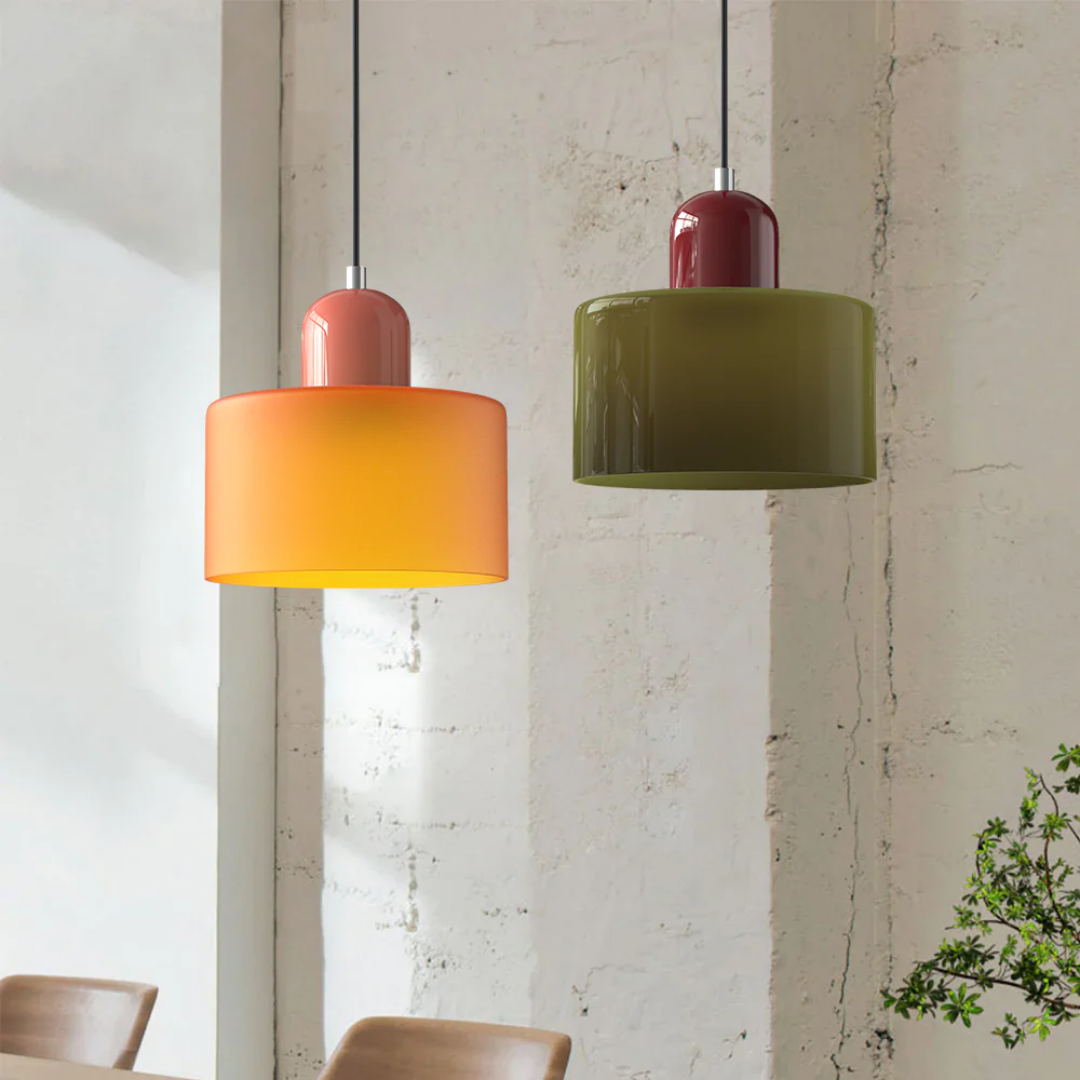 Retro Pendant Light with Orange Glass Shade & Green Top