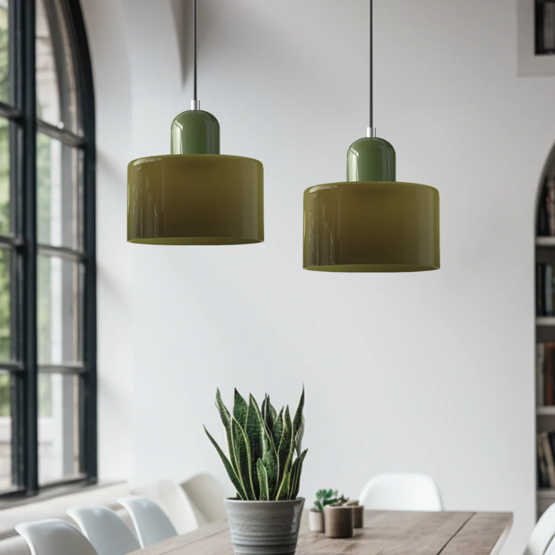 Retro Pendant Light with Orange Glass Shade & Green Top