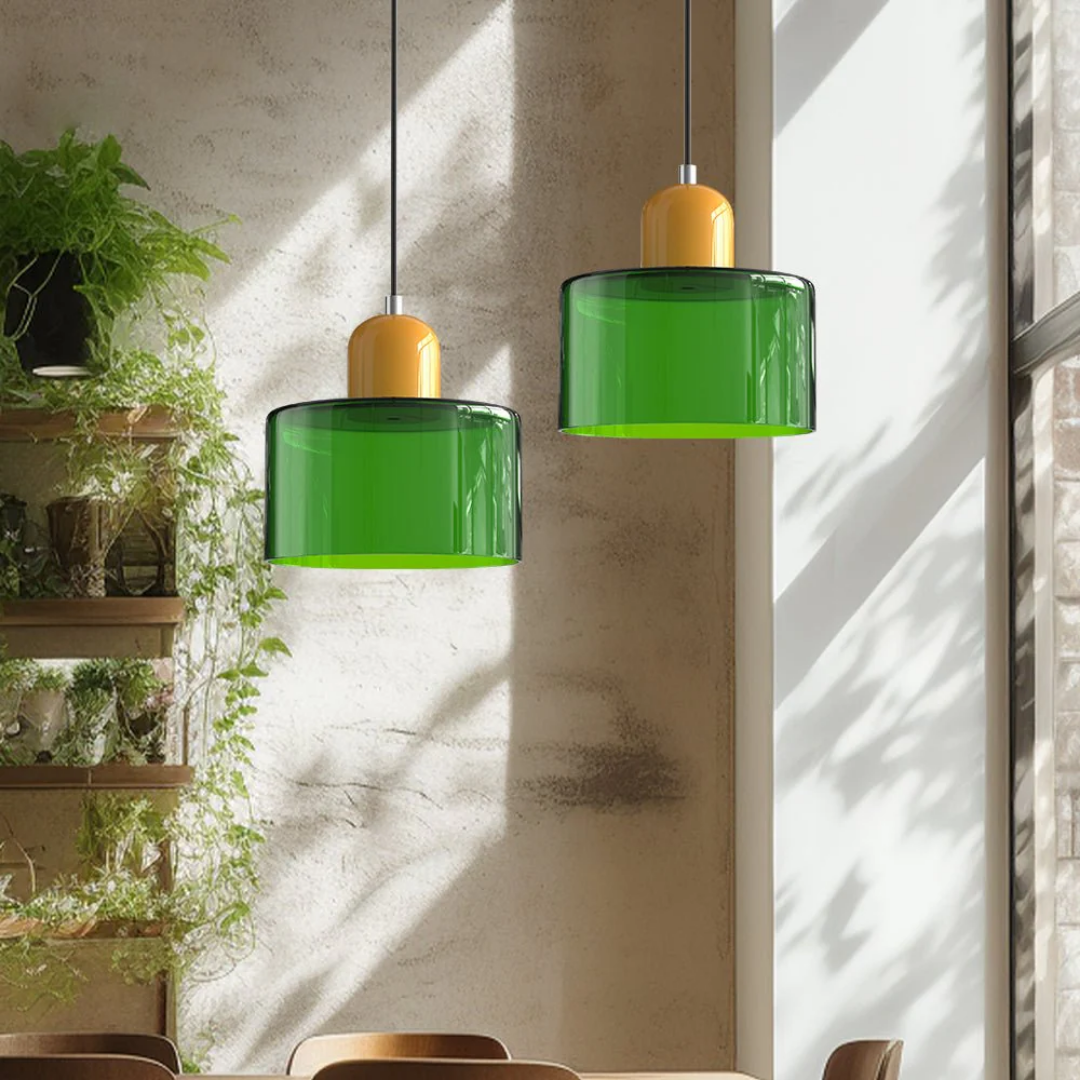 Retro Pendant Light with Orange Glass Shade & Green Top