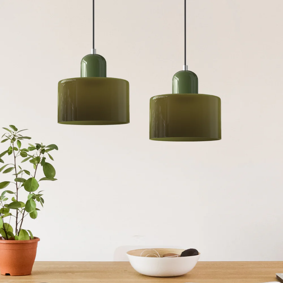 Retro Pendant Light with Orange Glass Shade & Green Top