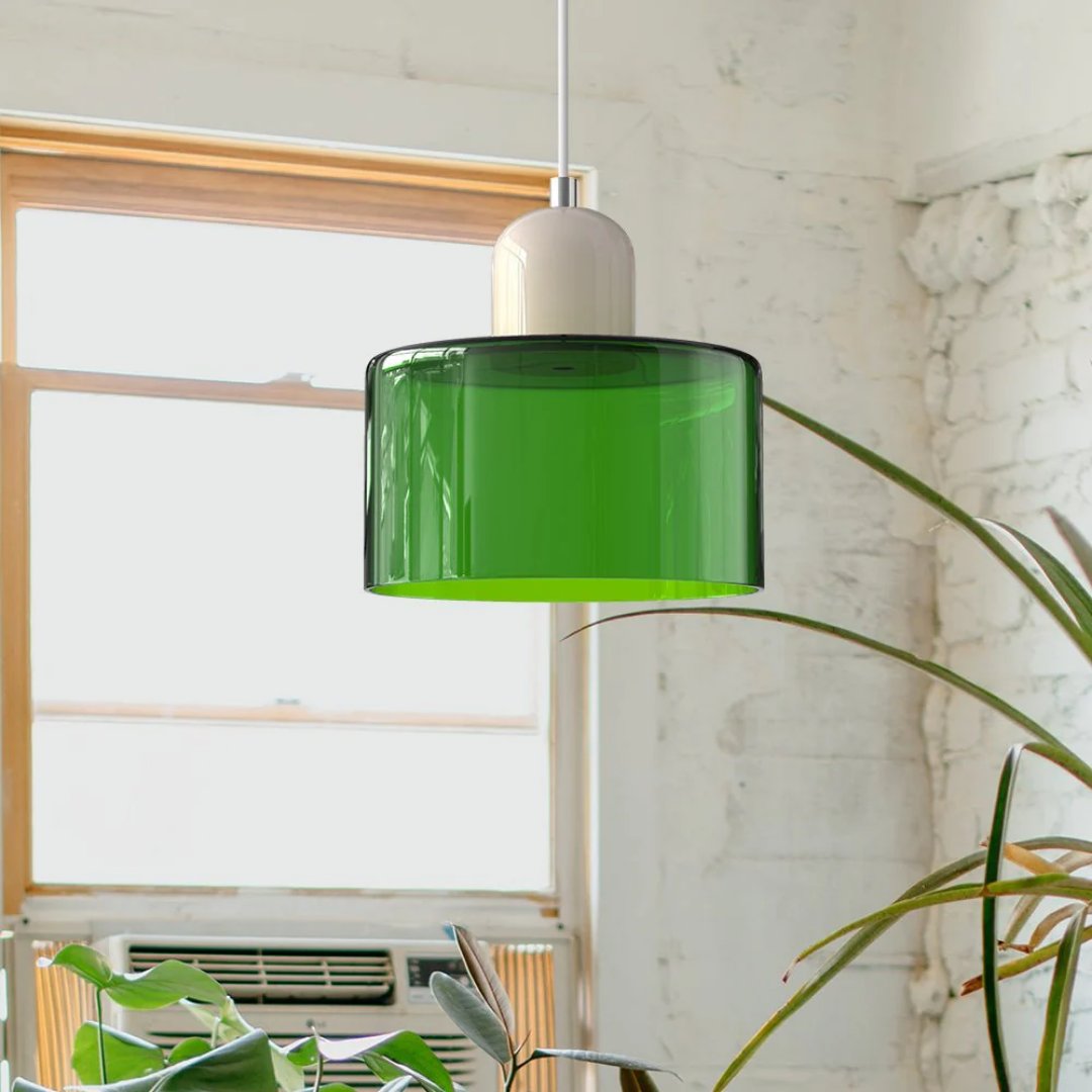 Retro Pendant Light with Orange Glass Shade & Green Top