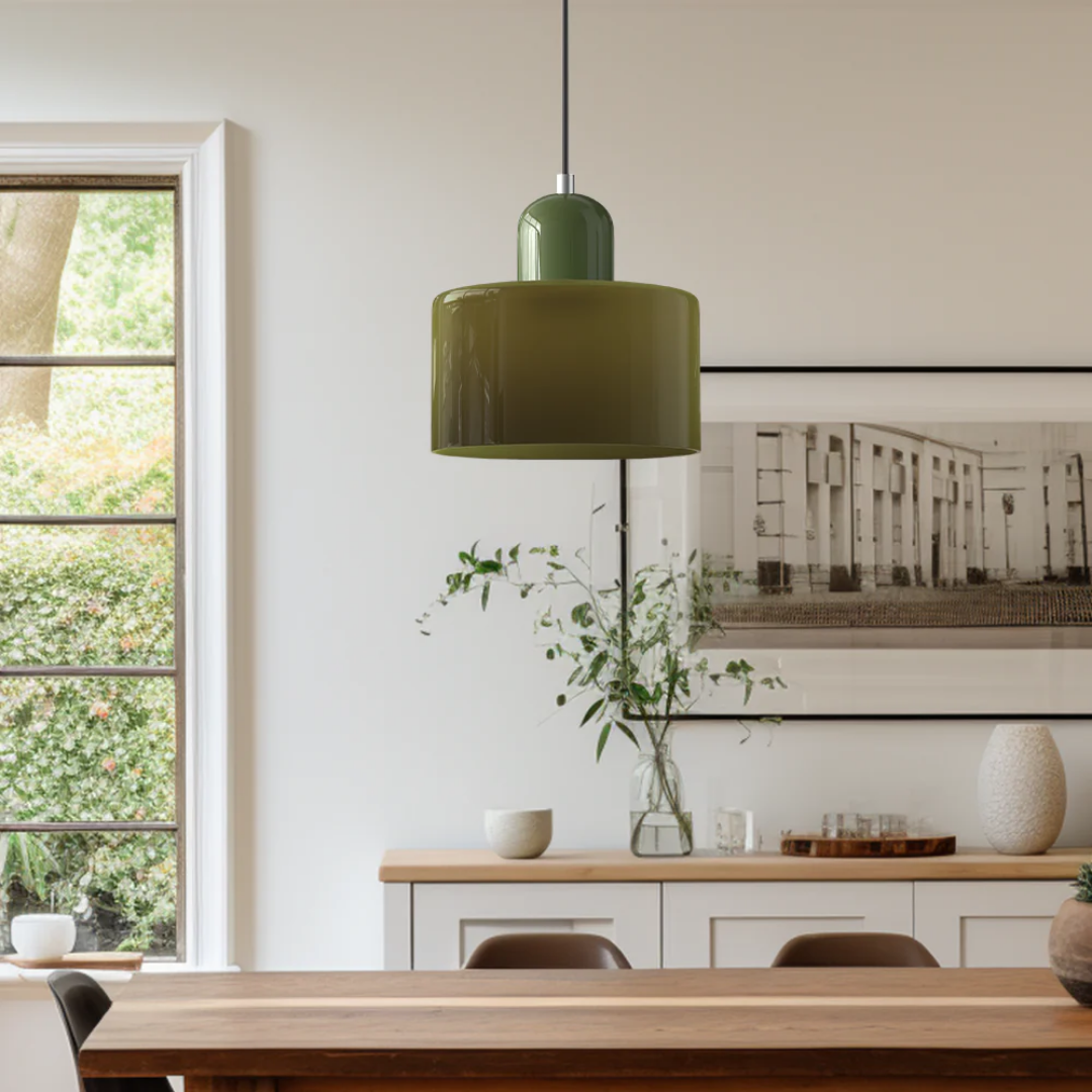 Retro Pendant Light with Orange Glass Shade & Green Top