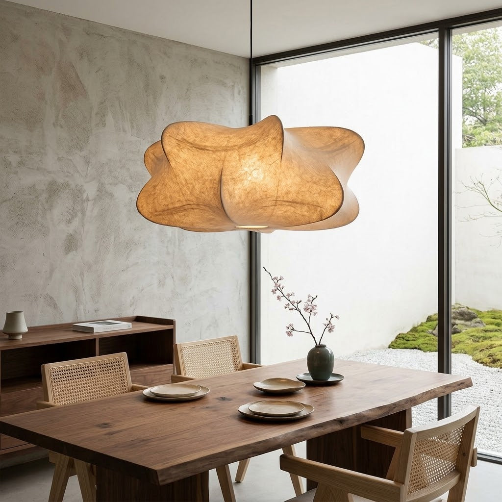 Japanese Silk Pendant Light – Warm White LED Hanging Lamp