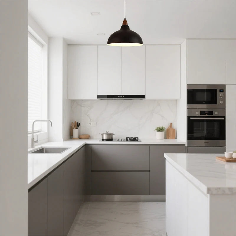 Black dome pendant light in a modern kitchen
