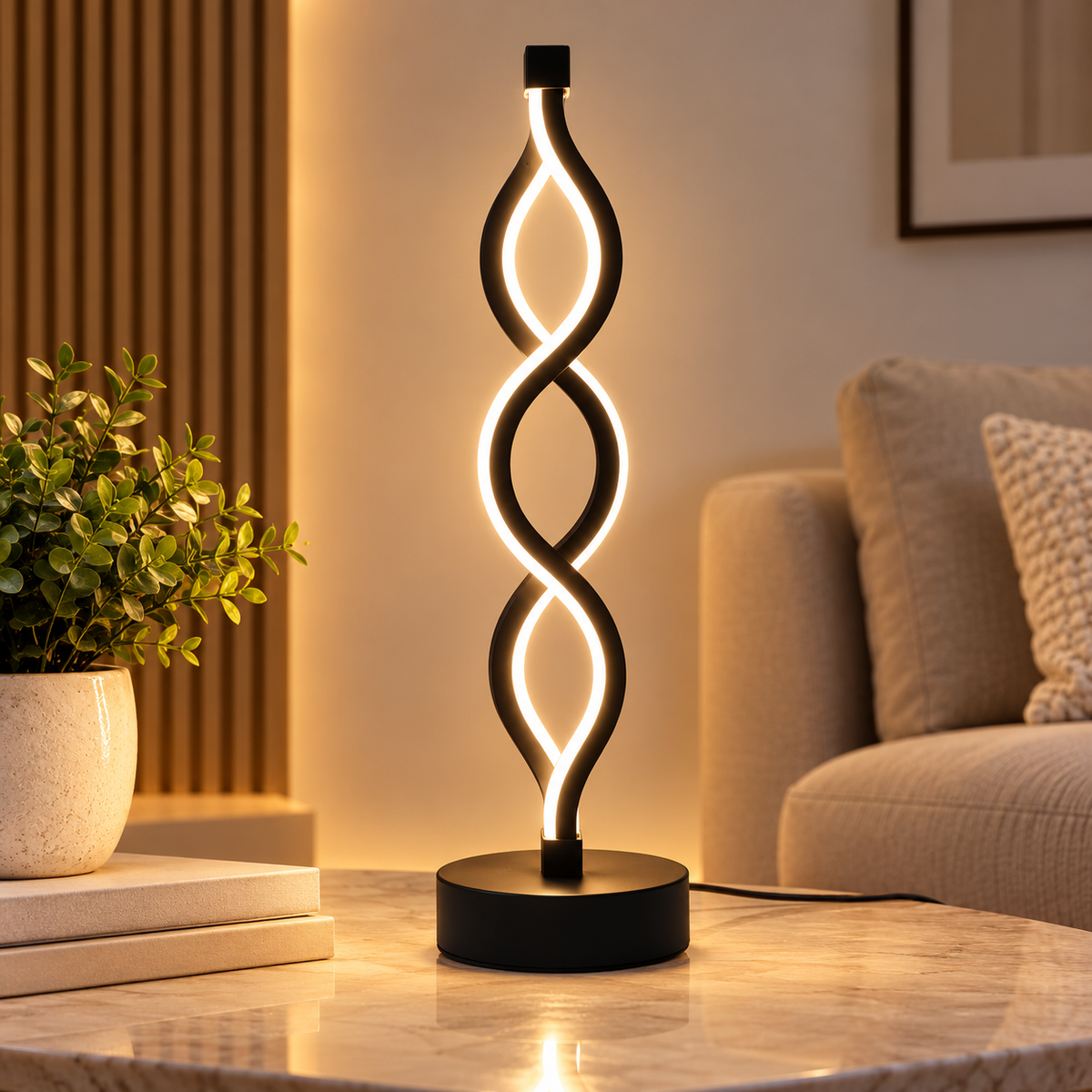 Black spiral LED table lamp in a living room