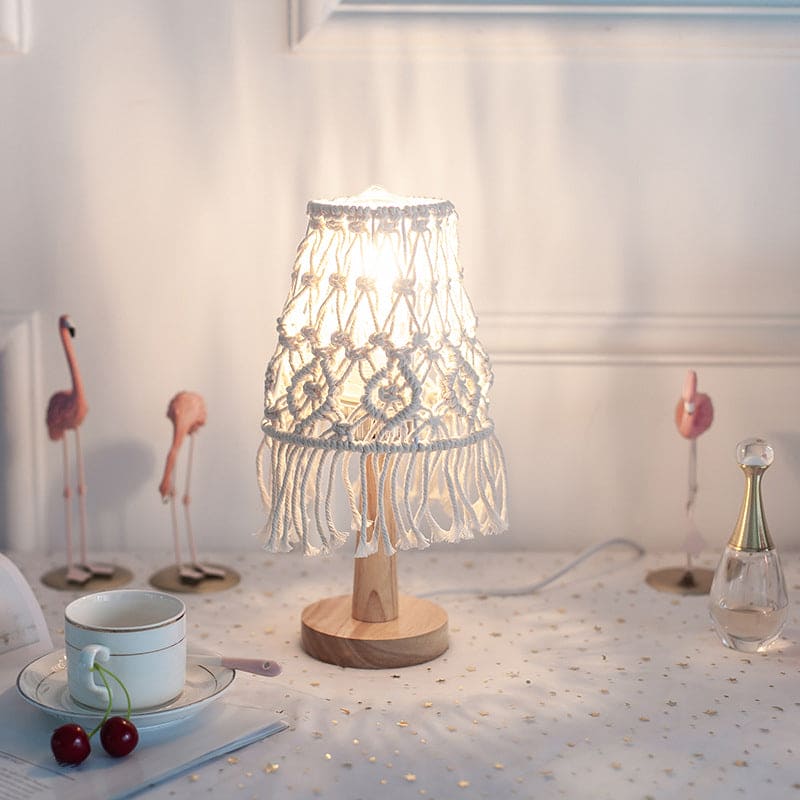 Boho macramé table lamp switched on