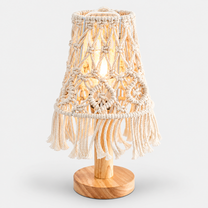 Boho macramé table lamp with wooden base