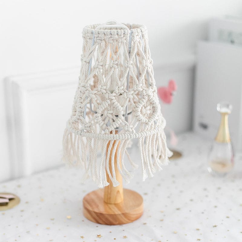 Cream macramé table lamp with fringe detail