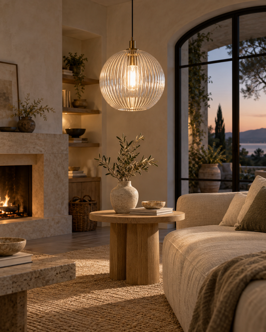 Warm living room with an illuminated ribbed glass pendant light