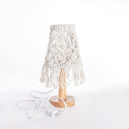 Macramé table lamp with wooden base and cable