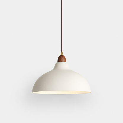Modern dome pendant light with wooden top in white