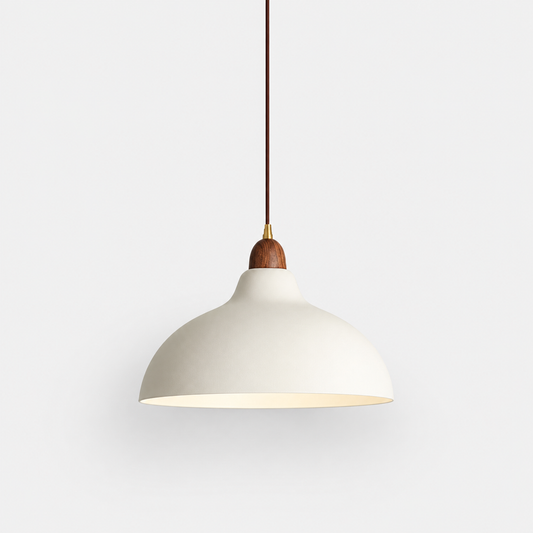 Modern dome pendant light with wooden top in white