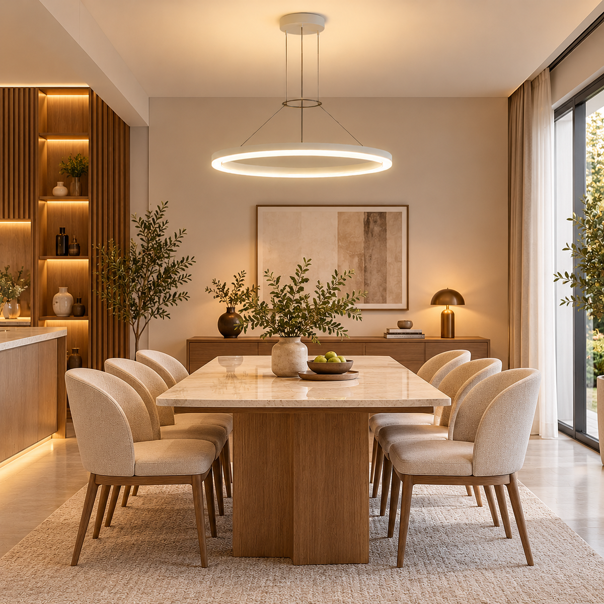 Modern white LED ring pendant light above a dining table