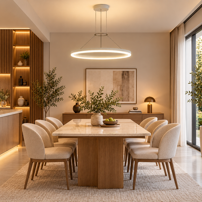 Modern white LED ring pendant light above a dining table