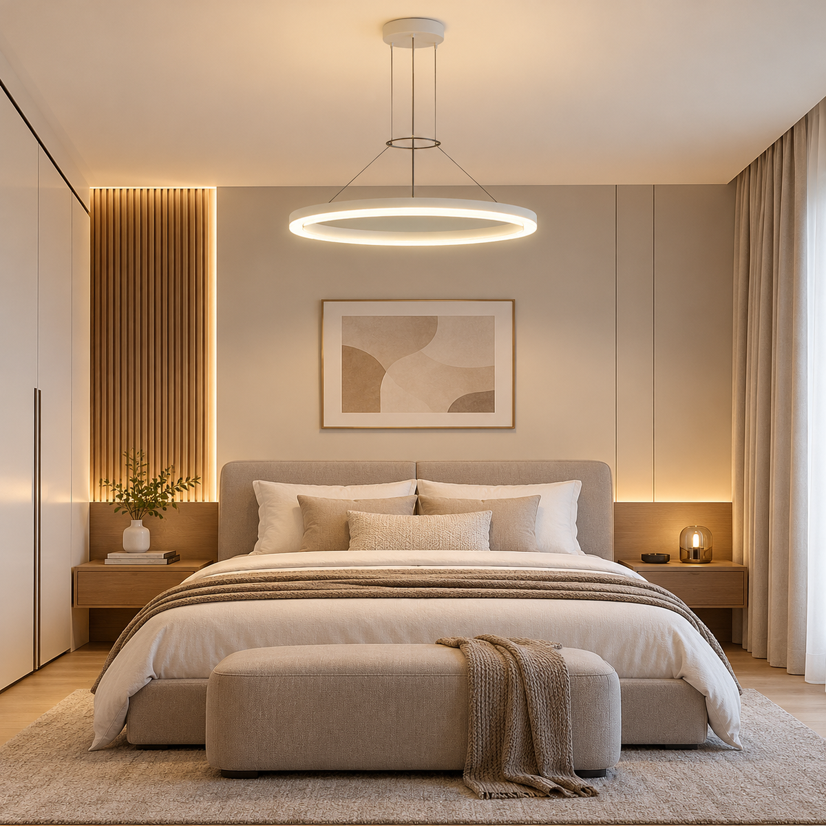 Modern white LED ring pendant light in a bedroom
