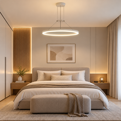 Modern white LED ring pendant light in a bedroom
