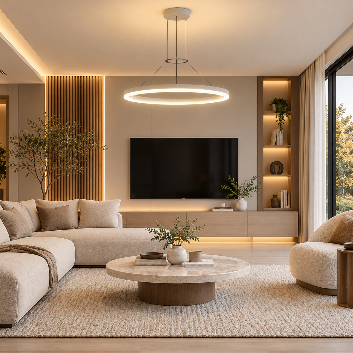Modern white LED ring pendant light in a living room