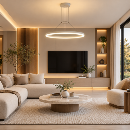 Modern white LED ring pendant light in a living room