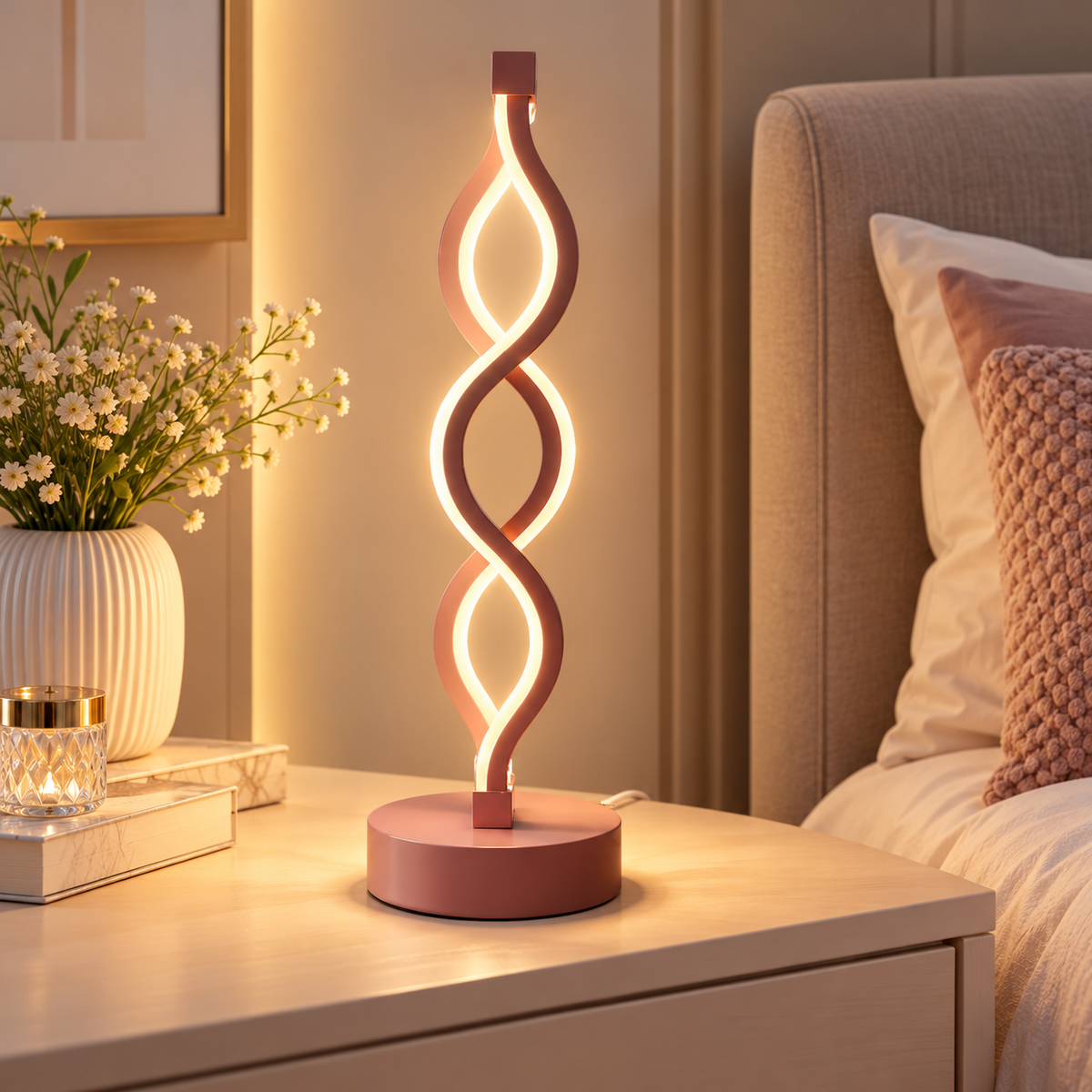 Pink spiral LED table lamp on a bedside table