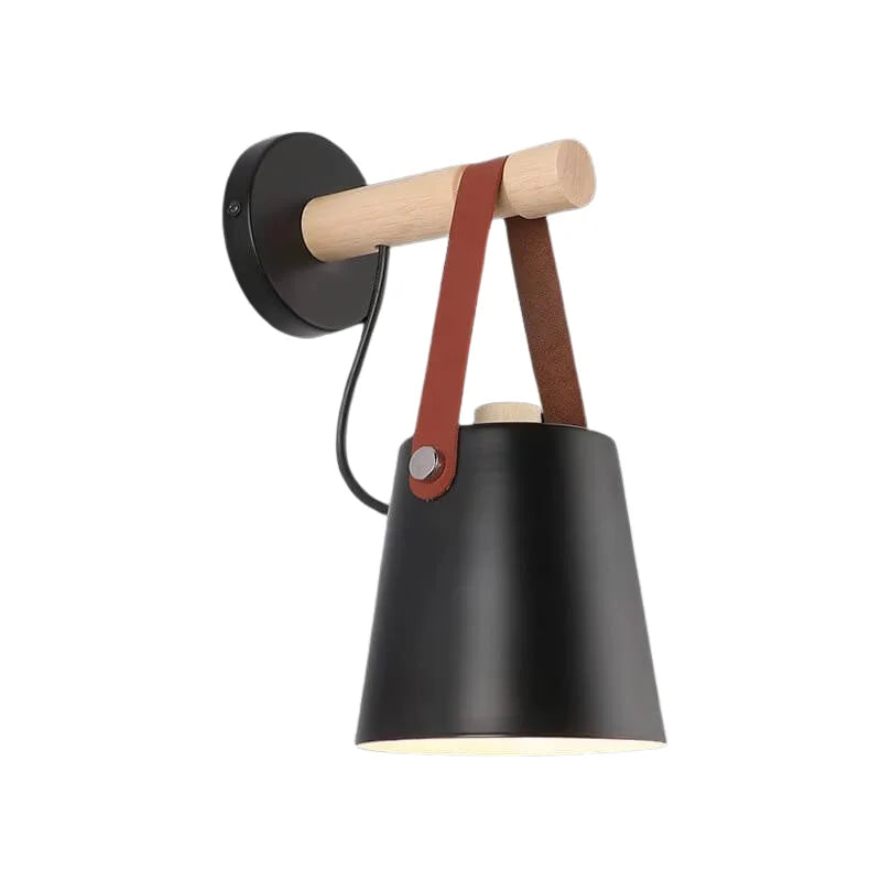 Scandinavian wall lamp with wooden arm and black shade