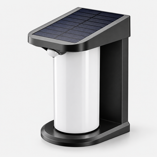 Solar outdoor wall light with motion sensor, black frame and white diffuser