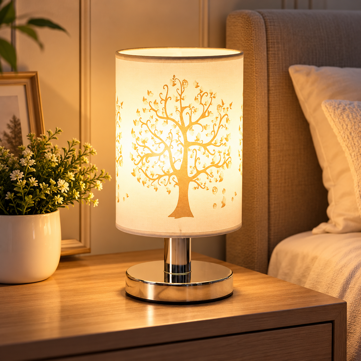 Tree of life table lamp on a bedside table