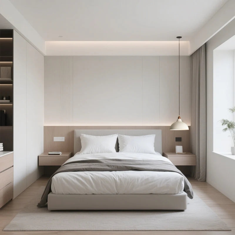White dome pendant lights beside a bed