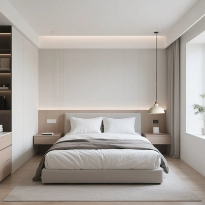 White dome pendant lights beside a bed